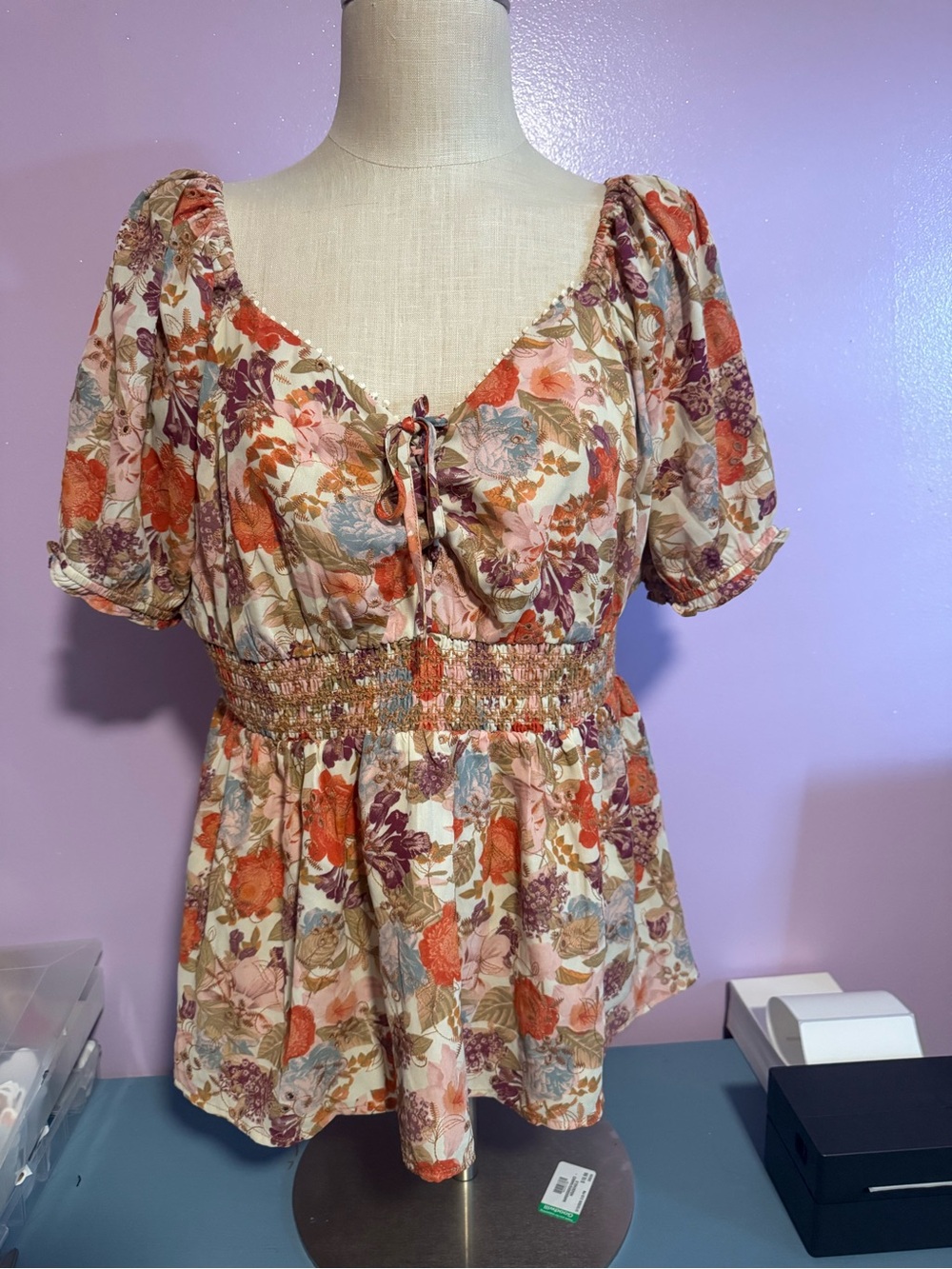 torrid Floral Smocked Peasant Blouse - Cream, Orange & Purple